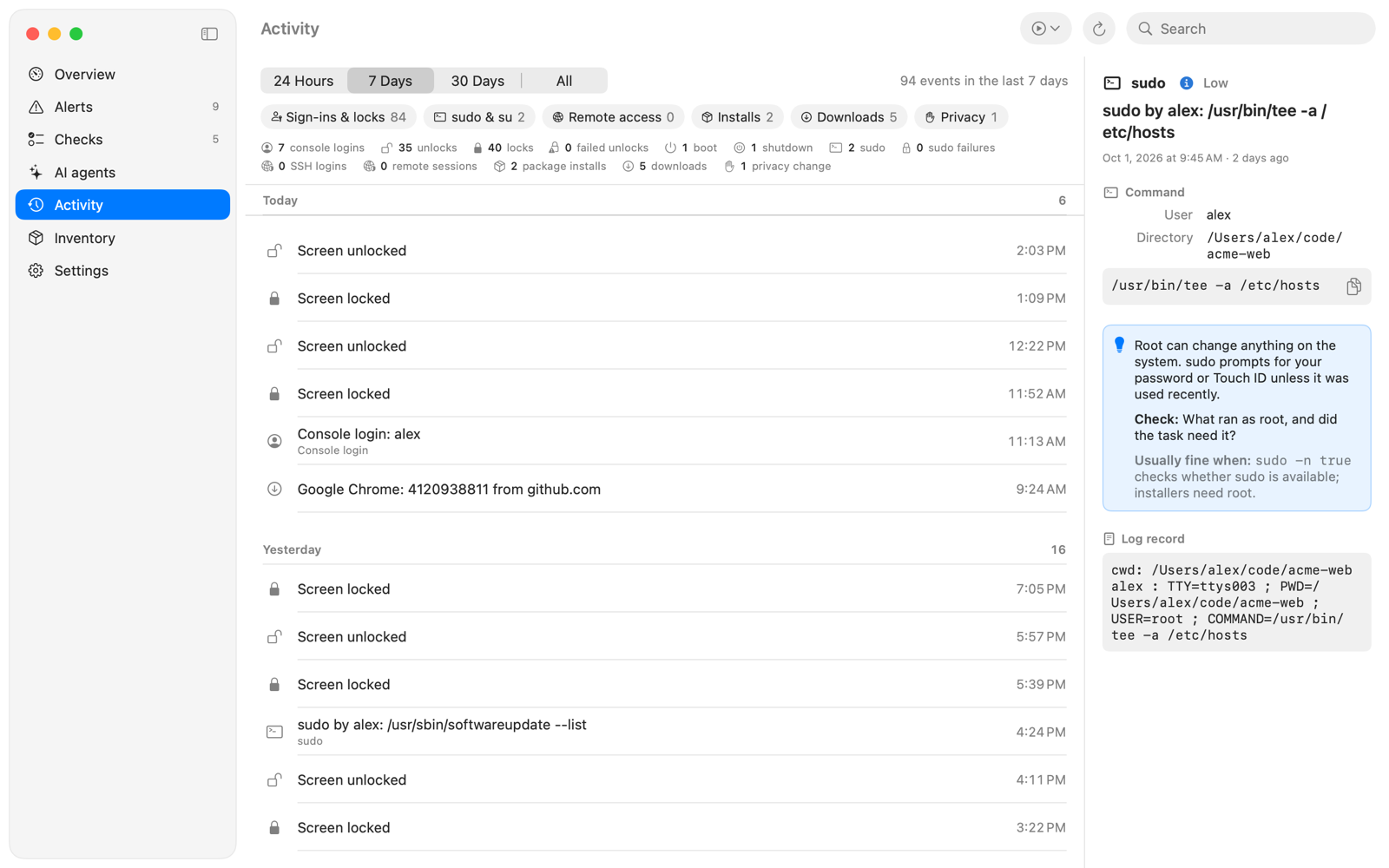 Activity timeline of sign-ins, sudo, installs and downloads