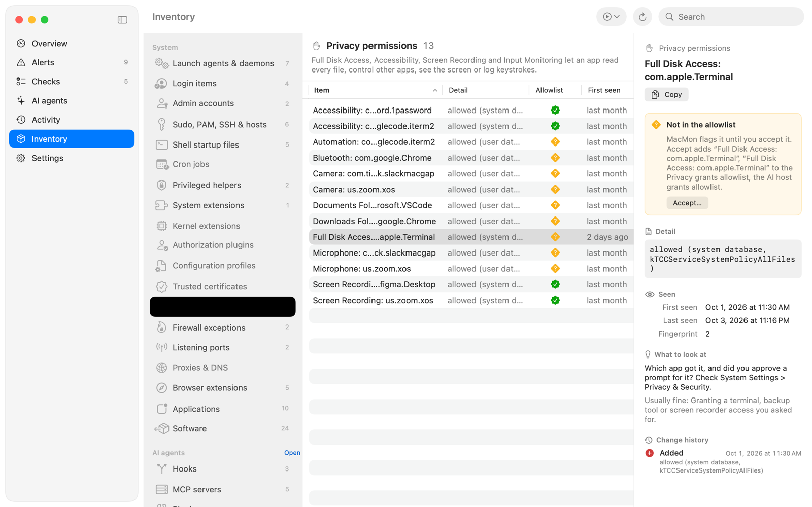 Inventory of privacy permissions granted to apps